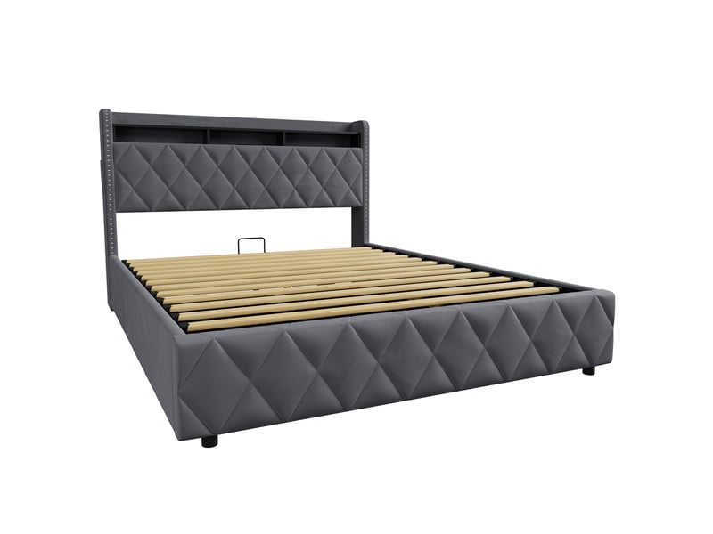  Lit coffre 160x200 cm, lit double adulte avec lumières led, fonctions de chargement et de rangement, velours gris, sans matelas  - Conforama D