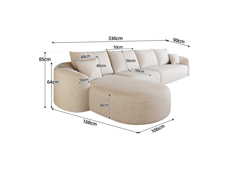 Canapé d'angle tcqpz 336 x 168 cm 5 places modulaire compressé sans montage tissu chenille blanc  - Conforama C