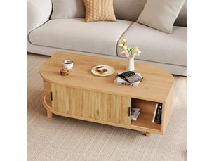 Table basse irrégulier 100x50x35 cm - 2 portes coulissantes à lames et rangement - mdf et panneaux de particules - bois naturel