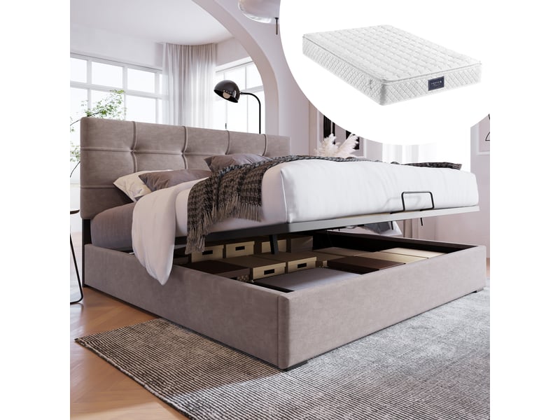  Lit coffre 140x200 cm - lit coffre capitonné double avec rangement, tête de lit ajustable et cadre métallique, velours gris, matelas inclus  - Conforama E
