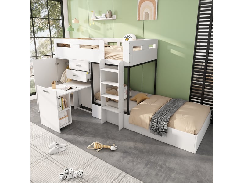  Lit superposé enfant avec bureau escamotable et armoire 90x200 cm blanc  - Conforama E