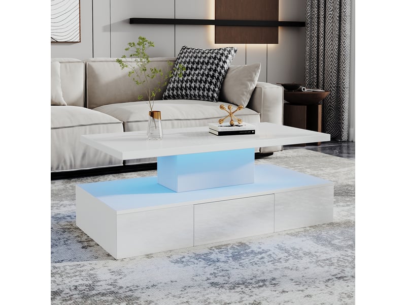 Table basse blanche led 100x50 cm, table de salon brillante avec tiroir et étagère ouverte, contrôle app - Conforama R