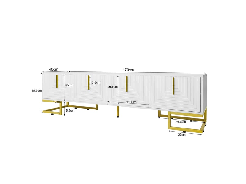  Meuble tv bas 170 cm blanc, 4 portes texturées, poignées et pieds dorés  - Conforama C