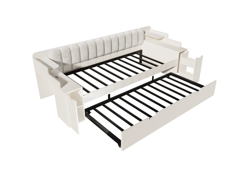 Lit banquette gigogne 90x200 cm avec rangement, usb et usb-c, mdf blanc, sans matelas - Conforama D
