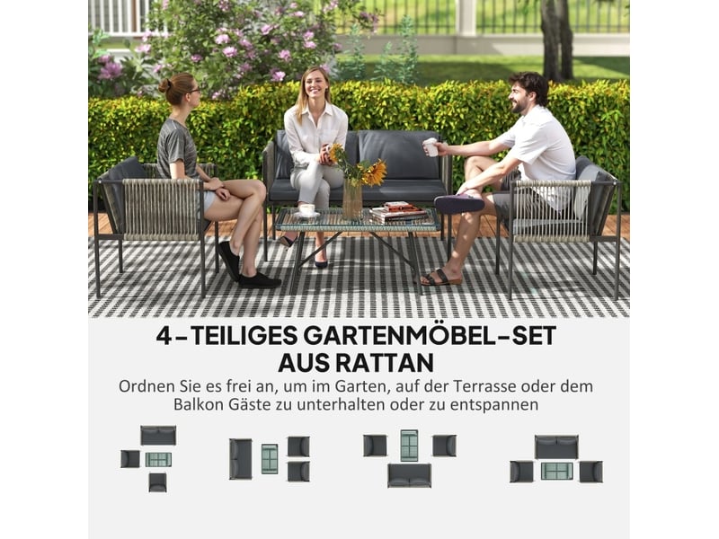  Salon de jardin 4 pièces 116x65x68 cm – gris – canapé 2 places, 2 fauteuils et table en verre trempé  - Conforama E