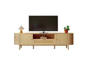 Meuble tv rotin avec plateau en bois arrondi, 175 cm, tiroirs de rangement et pieds en métal, style moderne pour salon