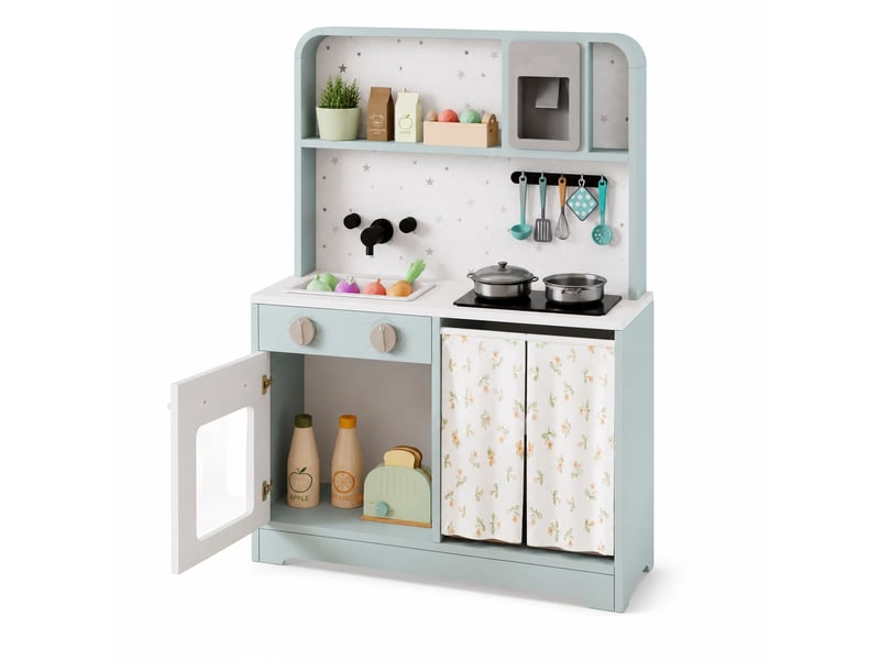  Cuisine jouet pour enfants 60x29x81 cm avec machine à glaçons, micro-ondes et accessoires, mdf, bleu  - Conforama B