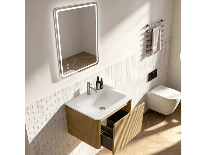 Meuble sous vasque suspendu avec 1 tiroir et miroir led antibuée réglable pour salle de bain, effet chêne clair - Conforama D