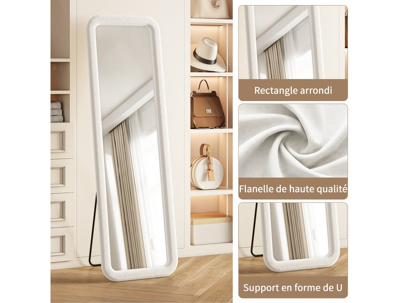  Miroir sur pied 160x50 cm blanc,miroir décoratif ,grand miroir mural avec cadre en flanelle,verre trempé,chambre et salon  - Conforama E
