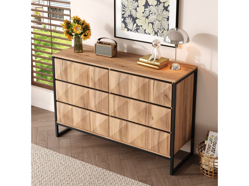  Buffet rangement 6 tiroirs noir bois naturel meuble bas moderne structure métal 120x80cm  - Conforama W