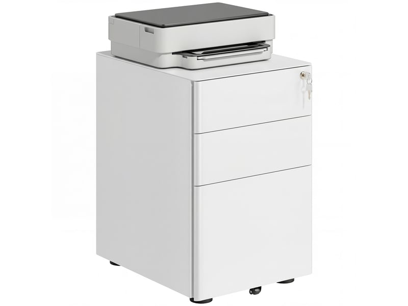  Commode de bureau en acier à 3 tiroirs avec serrure et roulettes, 39 x 48 x 59 cm, blanche  - Conforama A