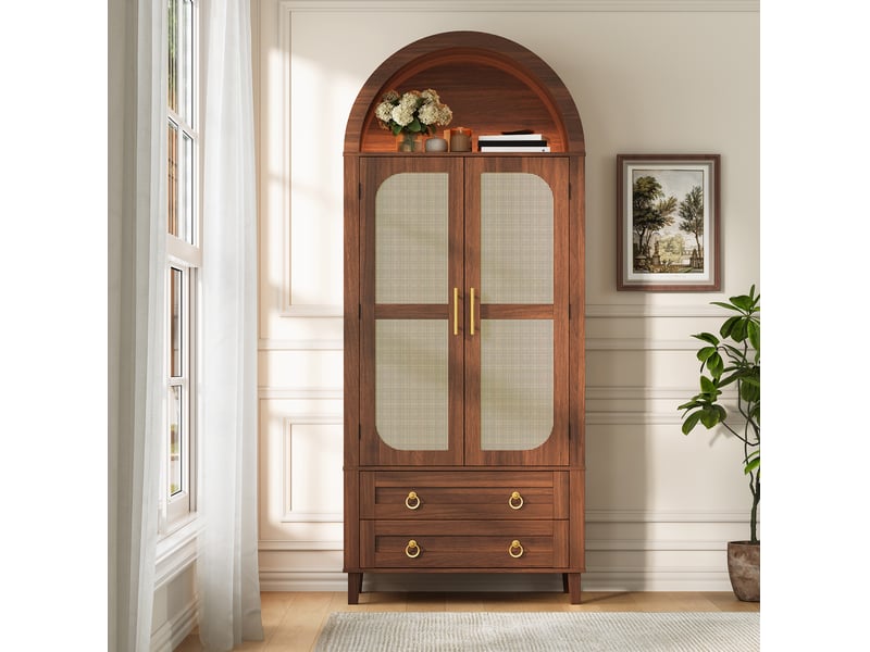 Buffet haut 76x40x179,5 cm finition noyer, 2 portes, 2 tiroirs et led - Conforama E