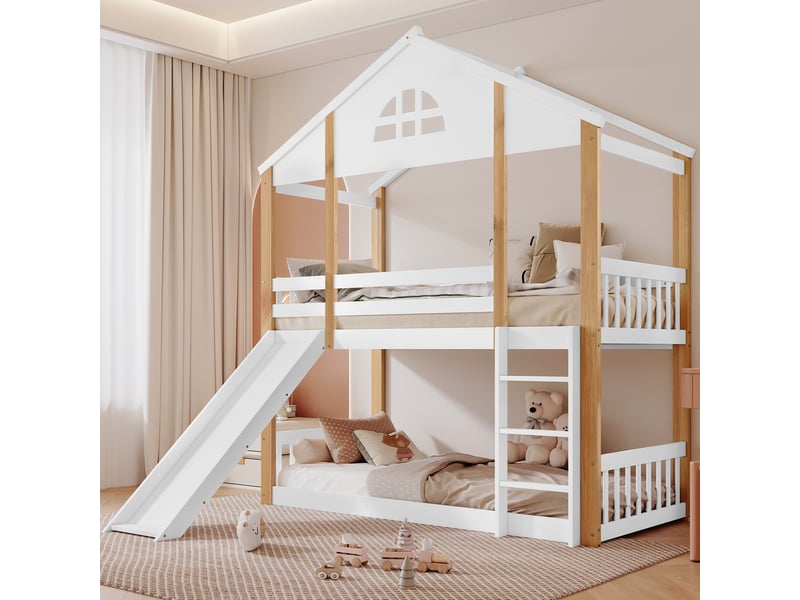  Lit superposé 90x200 cm cabane enfant - avec toboggan, échelle d’angle et fenêtres, barrière de sécurité - sans matelas - bois pin + mdf - blanc et naturel  - Conforama E