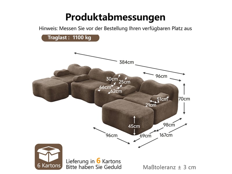  Canapé modulable 4 places en u avec 2 poufs en velours marron  - Conforama E