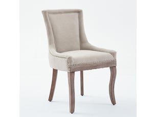 Lot de 2 chaises de salle à manger en tissu épais beige pieds en bois massif clous bronze