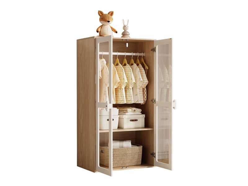 Armoire 2 éléments avec portes acryliques, étagères réglables et penderies, blanc et bois naturel, 160 × 50 × 150 cm - Conforama A