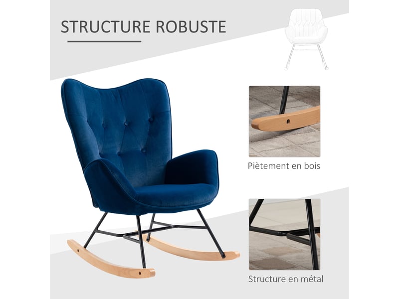  Fauteuil à bascule, rocking chair, fauteuil allaitement confortable avec structure en bois massif et métal pour salon, chambre, balcon, velours bleu  - Conforama W