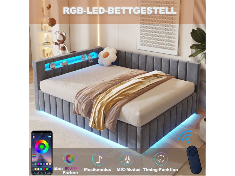  Lit coffre 140x200 cm rembourré, rangement hydraulique, led et usb, tête de lit avec dossier, velours gris  - Conforama E