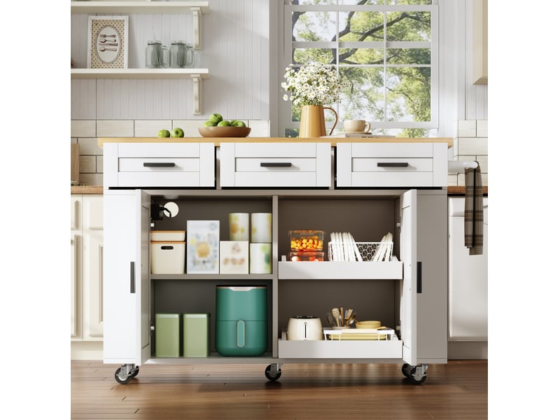  Desserte de cuisine avec plateau rabattable, 3 tiroirs, 2 portes, prises et roulettes blanc naturel 120 × 70 × 84 cm  - Conforama D