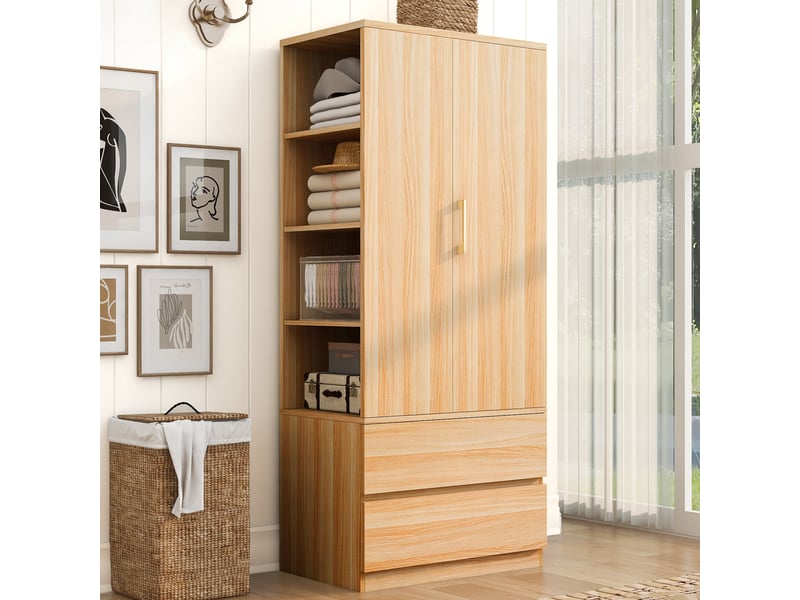  Armoire penderie 70x50x175 cm - 2 tiroirs - étagères ouvertes - rangement chambre - bois et mdf - aspect bois CozyNest - Conforama E
