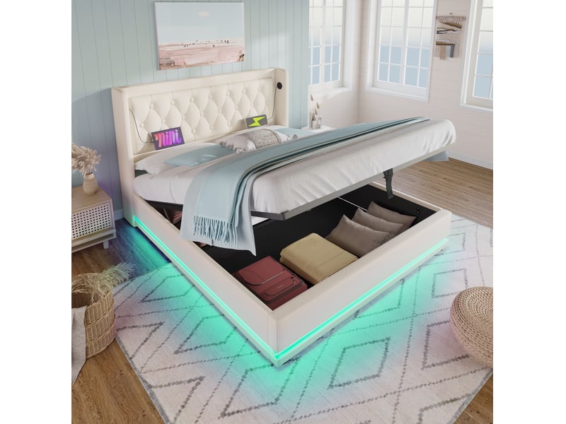  Lit coffre 160x200 cm, fonction usb type-c, led 3 côtés, pu, blanc sans matelas  - Conforama B