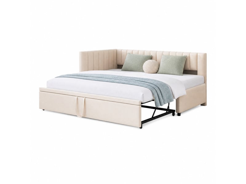 Canapé convertible en l avec lit gigogne, dossier et tête de lit, pour chambre d'amis, revêtement en velours beige  - Conforama A
