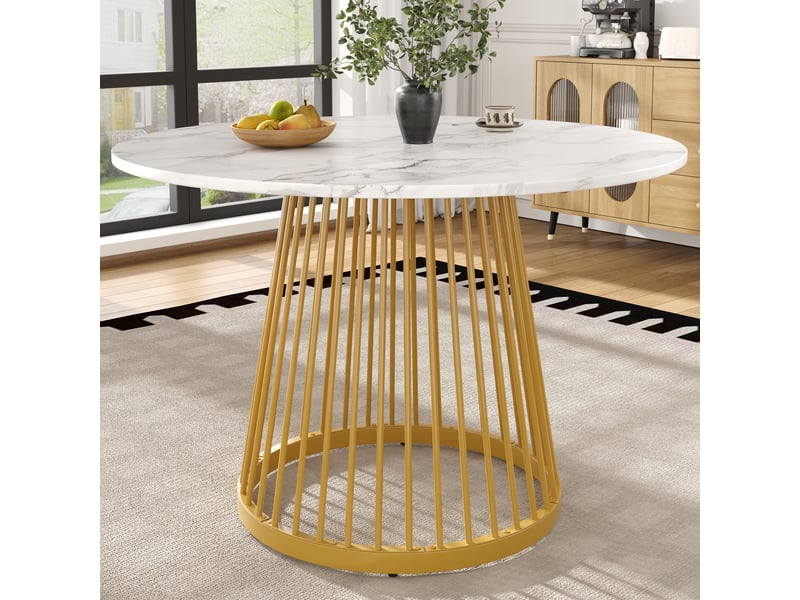 Table ronde ø 80 cm, table de salle à manger, effet marbre, pieds en métal, mdf, blanc et doré - Conforama W