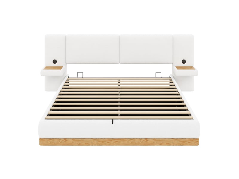 Lit coffre rembourré 180x200 cm - avec étagères en tête de lit et ports usb - tissu teddy + pu - blanc+naturel (sans matelas) - Conforama W
