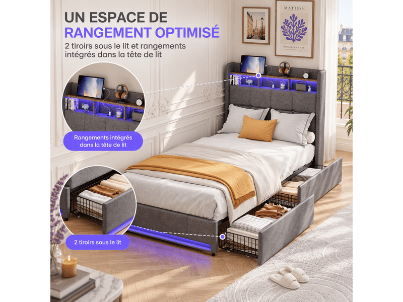  Lit simple 90x200cm avec led et usb, lit capitonné avec 2 tiroirs, tête de lit avec espace de rangement et sommier à lattes, 1 place, gris, tissu en lin  - Conforama C