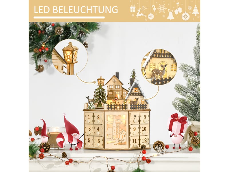  Calendrier de l'avent 24 tiroirs avec éclairage led bois naturel 25x20x29 cm  - Conforama D