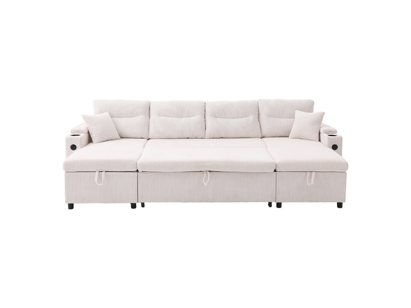  Canapé droit 4 places en velours beige avec chaiselongues des deux côtés, rangement, porte-gobelets, usb et fonction lit, design moderne pour salon  - Conforama A