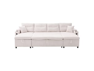 Canapé droit 4 places en velours beige avec chaiselongues des deux côtés, rangement, porte-gobelets, usb et fonction lit, design moderne pour salon