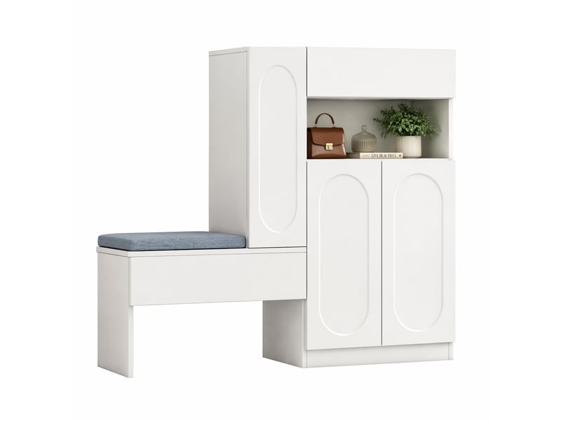  Meuble à chaussures avec banc 130x35x110 cm, portes à fermeture douce, panneau de particules, blanc  - Conforama A