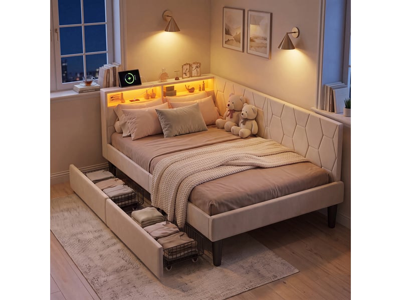 Lit banquette 90x200 cm avec led rgb et usb chargeur, canapé-lit rembourré avec rangement et tête de lit capitonnée lit ado avec tiroirs et cadre de lit à lattes beige velours, sans matelas - Conforama B
