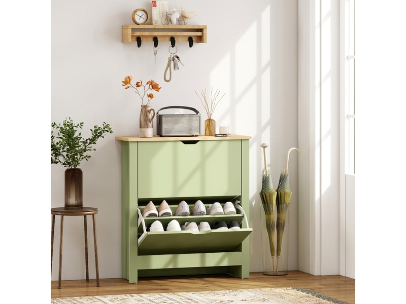  Meuble à chaussures 12 paires, vert, armoire à chaussures étroite avec 2 tiroirs rabattables et étagères réglables  - Conforama D