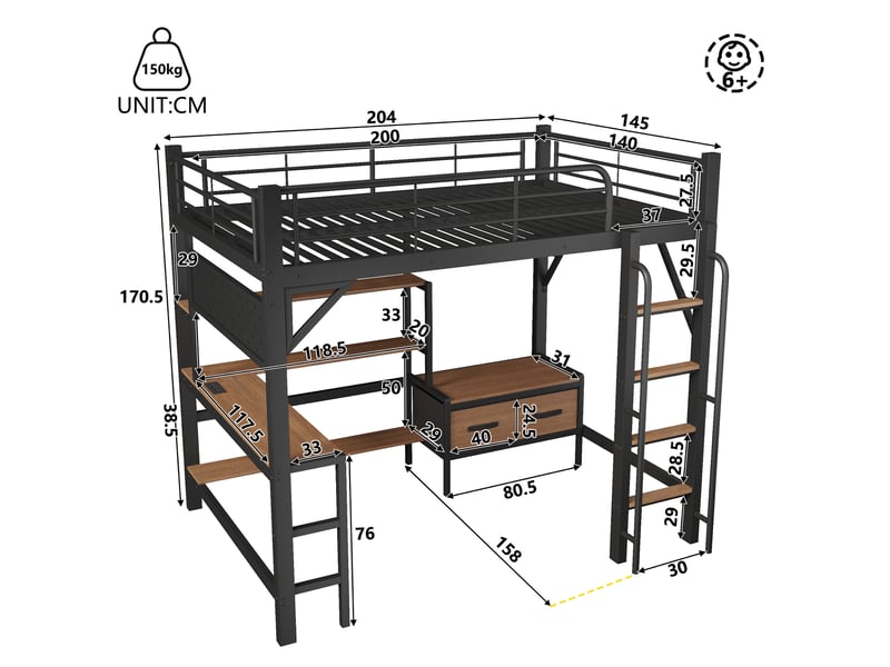  Lit mezzanine 140x200 cm avec bureau, rangements et led noir  - Conforama C