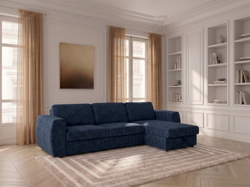 Bobochic canapé d'angle réversible convertible coffre hugo ouverture express tissu texturé bleu foncé 140x190 réversible HUGO - Conforama B