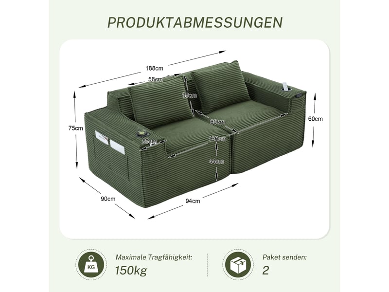 Canapé modulable 2 places – canapé en velours côtelé, assise profonde, porte-gobelets intégrés, poches latérales, ressorts et mousse haute densité, coussins inclus, vert - Conforama D