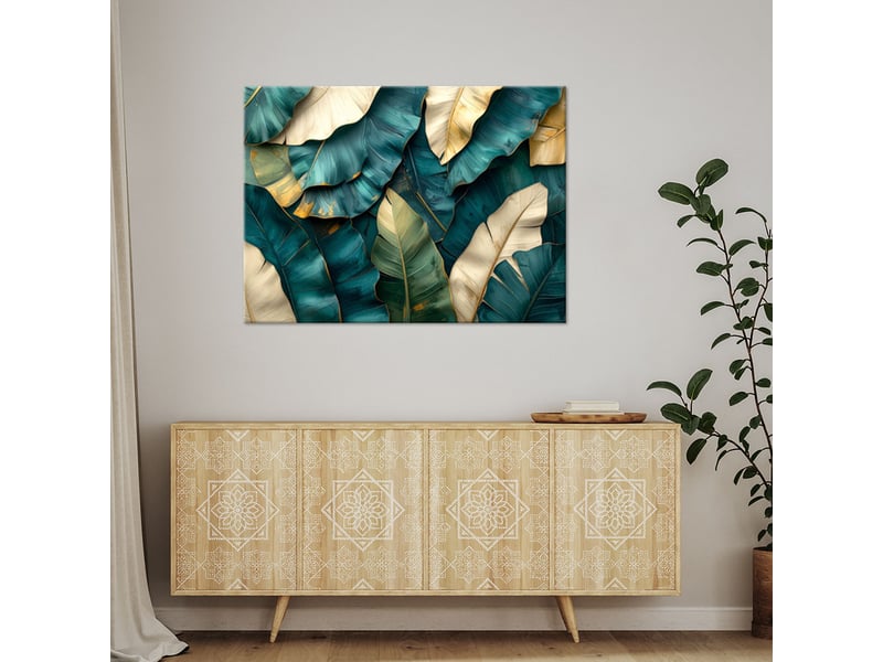 Tableaux, feuilles superposées turquoise et beige 90x60 1334483732 - Conforama B
