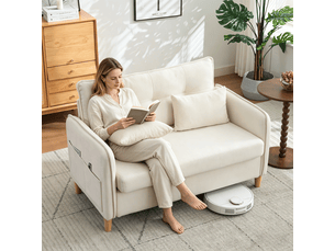 Canapé 2 places 127 cm beige en tissu chenille, coussins d'assise doux, avec accoudoirs et poches latérales, pour salon bureau