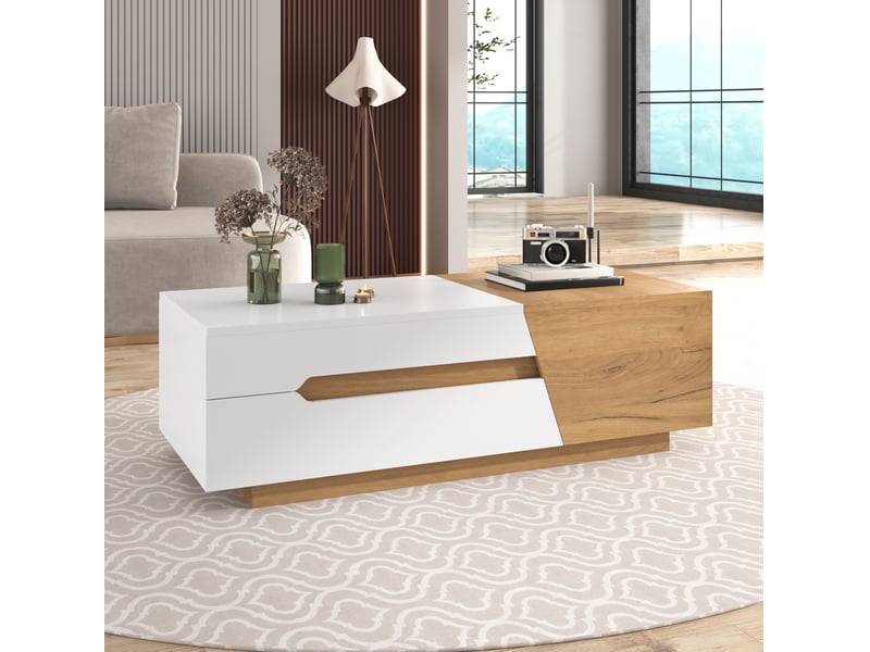  Table basse extensible 120 à 201,5 cm, 2 tiroirs et rangements, blanc et bois mdf  - Conforama D