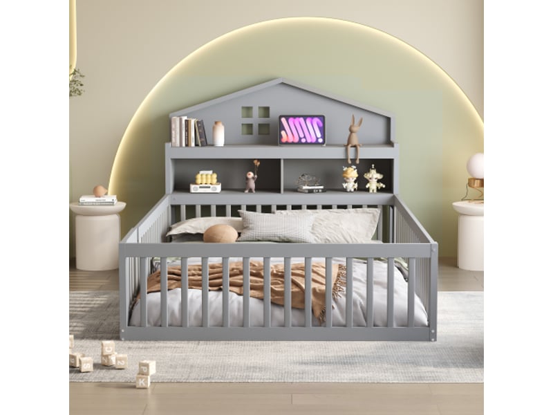  Lit enfant 140x200 cm, tête de lit de rangement et porte, avec lattes, en bois, gris, sans matelas  - Conforama C