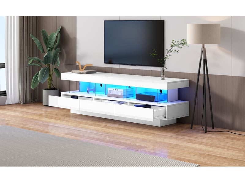  Meuble tv 160x40x50, brillant avec 3 compartiments verre, éclairage led meuble tv avec rangement  - Conforama B