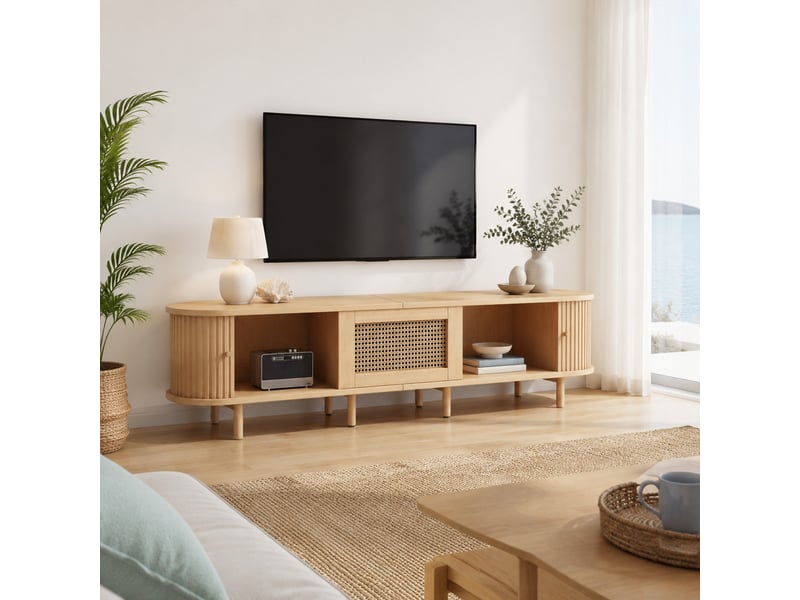  Meuble tv lowboard 180 x 40 x 40 cm bois clair avec portes coulissantes et tiroir  - Conforama C