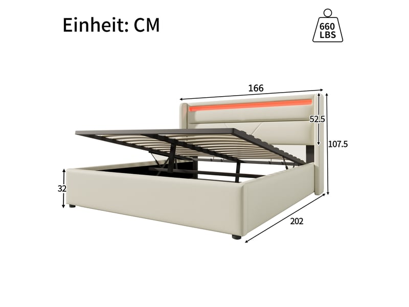  Lit coffre tcqpz 160 x 200 cm avec led en pu blanc  - Conforama C