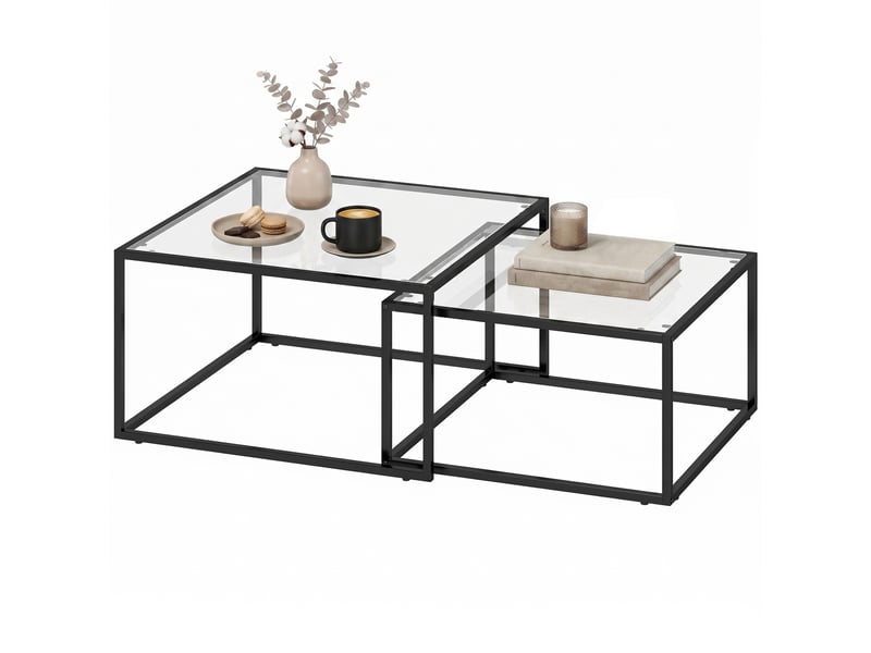  Lot de 2 tables basses gigognes en verre trempé et métal noir, 75 x 75 x 42 cm  - Conforama B