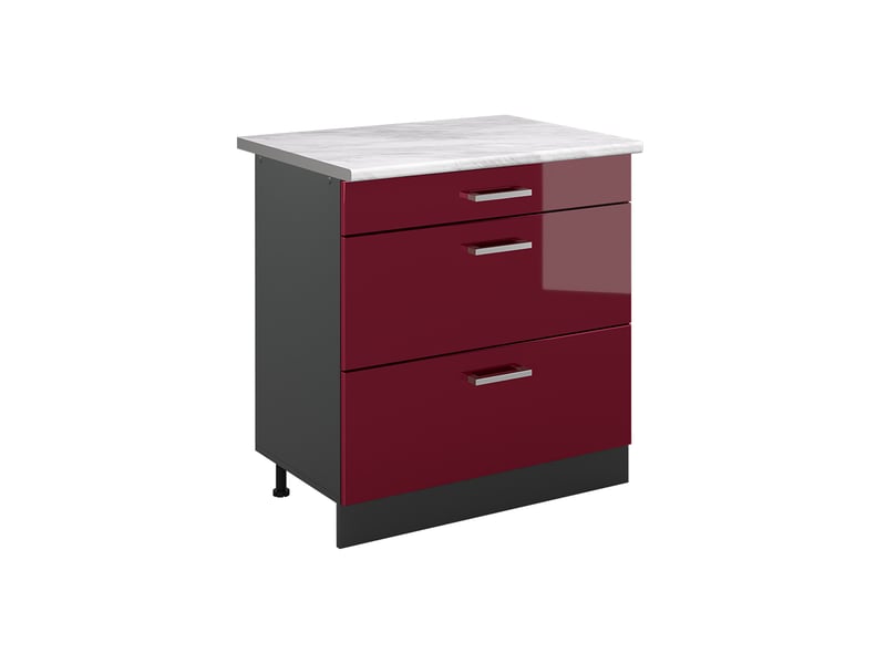  Vicco meuble cuisine, rouge brillantanthracite, 80cm avec 3 tiroirs plan de travail marbre  - Conforama A