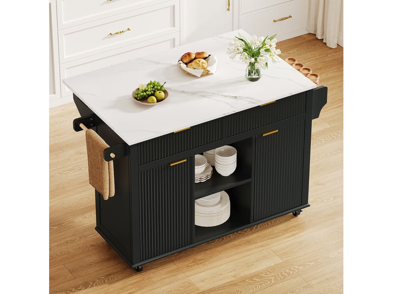  Desserte de cuisine mobile à roulettes avec 2 tiroirs, 2 portes, plan rabattable et porte-serviettes 143 × 45 × 89,5 cm  - Conforama D