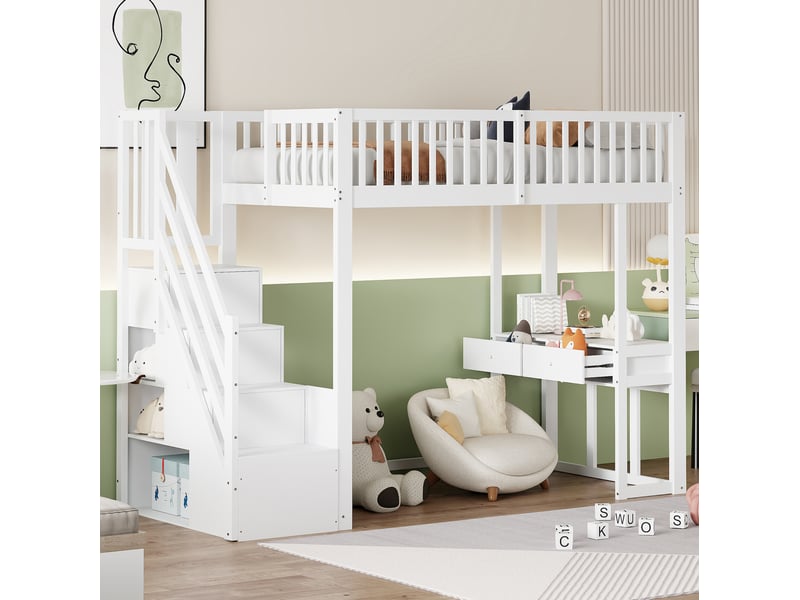  Lit mezzanine enfant 90 x 200 cm blanc avec escalier de rangement et table multifonction  - Conforama C