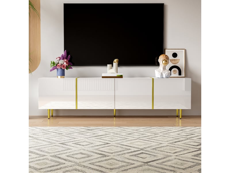  Meuble tv blanc laqué 170 cm avec 4 portes, meuble tv moderne en mdf avec détails dorés pour salon  - Conforama B